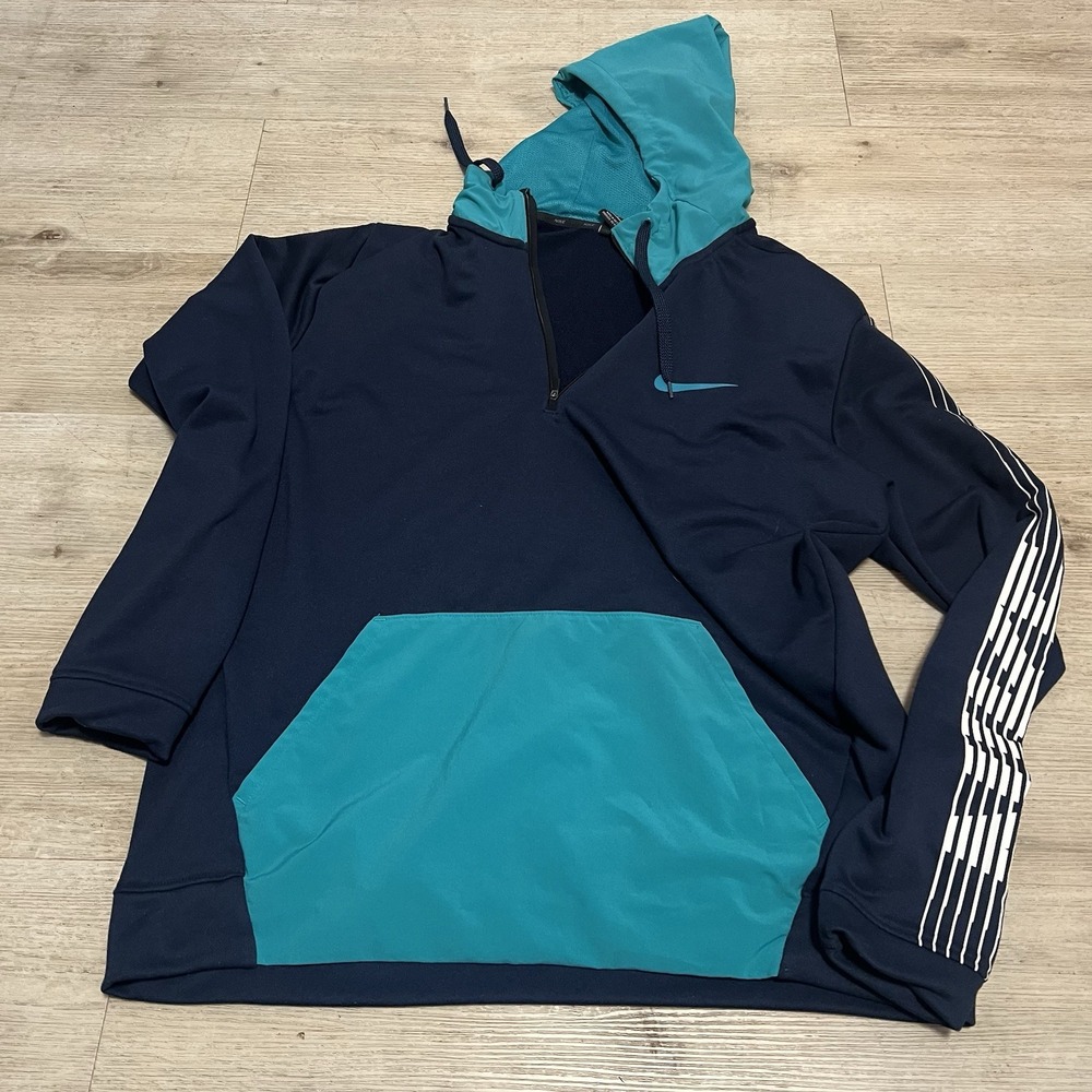 Nike Training Hoodie Mens L Blue Colorblock Graphic‎ Arm Logo 1/4 Zip Sweatshirt
